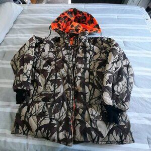 Vtg JOHNSON GARMENT Reversible Camo/Neon Orange Jacket XL  Detach Hood Made USA
